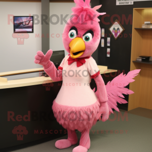 Pink Roosters mascot costume character dressed with a Pencil Skirt and Mittens