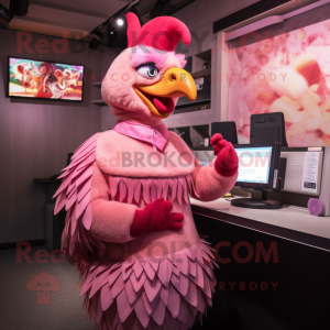 Pink Roosters mascot costume character dressed with a Pencil Skirt and Mittens