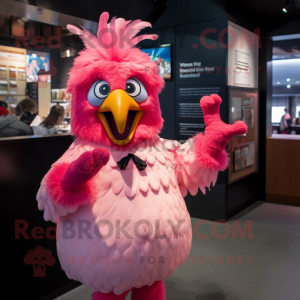 Pink Roosters mascot costume character dressed with a Pencil Skirt and Mittens