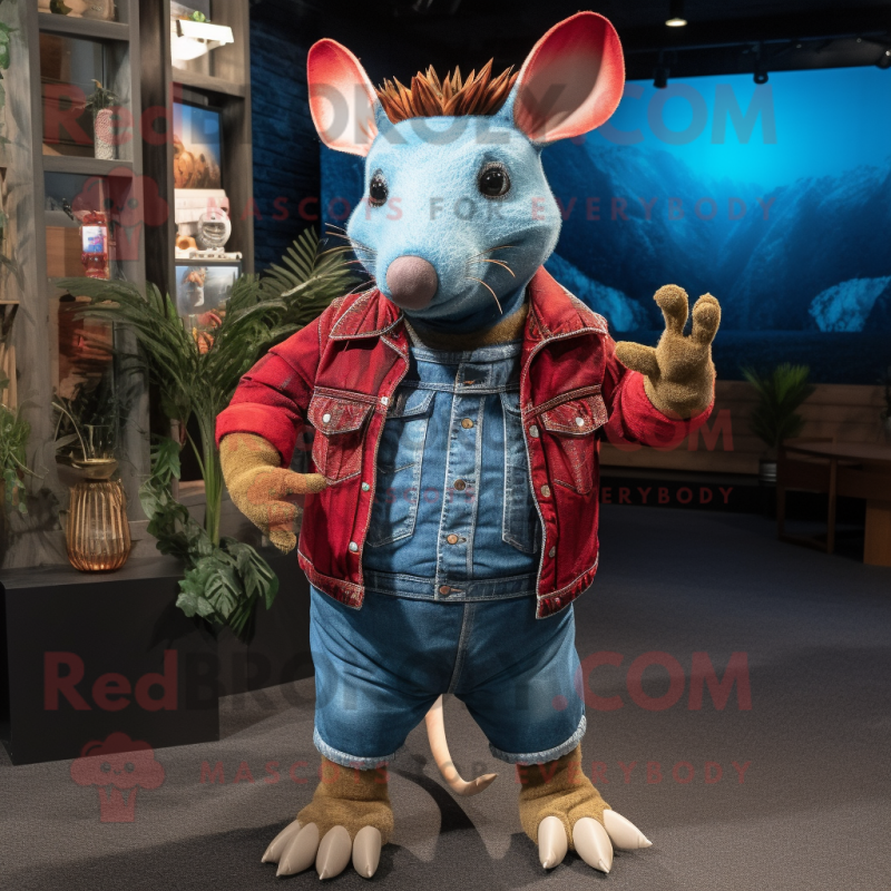 Red Armadillo mascot costume character dressed with a Denim Shirt and Shawl pins Red Armadillo mascot costume character dressed with a Denim Shirt and Shawl pins