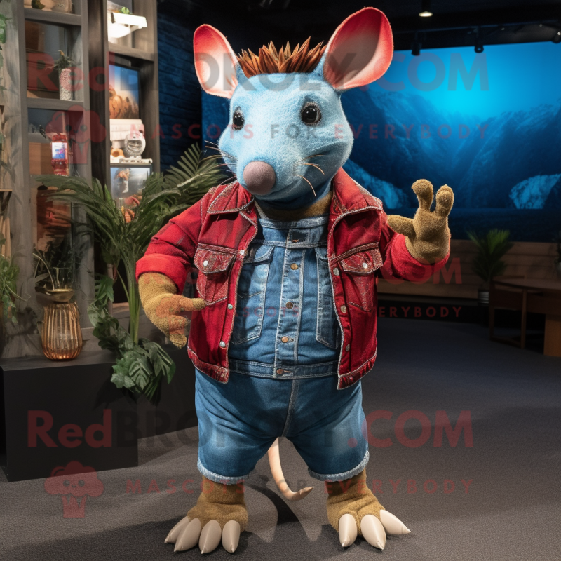 Red Armadillo mascot costume character dressed with a Denim Shirt and Shawl pins