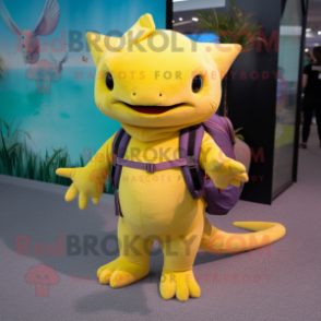 Yellow Axolotls mascot costume character dressed with a Bodysuit and Backpacks