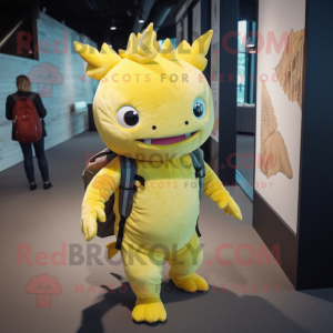 Yellow Axolotls mascot costume character dressed with a Bodysuit and Backpacks