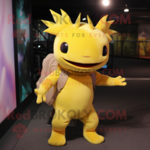 Yellow Axolotls mascot costume character dressed with a Bodysuit and Backpacks