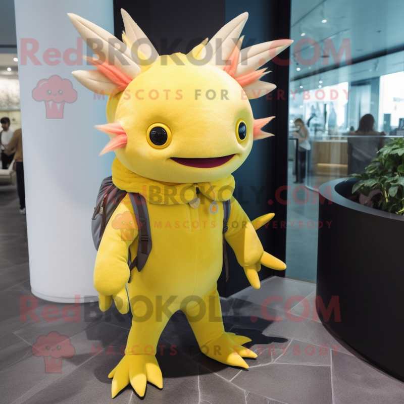 Yellow Axolotls mascot costume character dressed with a Bodysuit and Backpacks