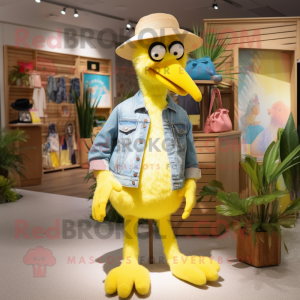 Lemon Yellow Flamingo mascot costume character dressed with a Jeans and Hats