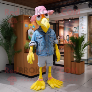 Lemon Yellow Flamingo mascot costume character dressed with a Jeans and Hats