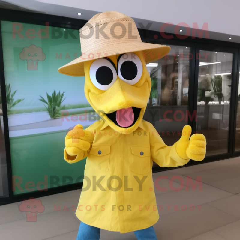 Lemon Yellow Flamingo mascot costume character dressed with a Jeans and Hats