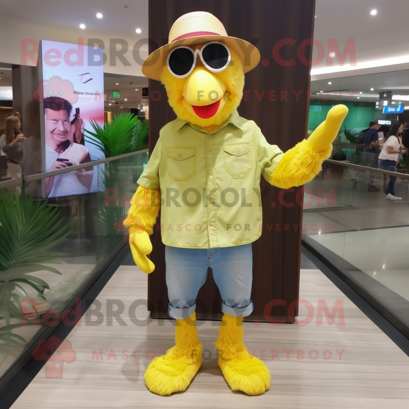 Lemon Yellow Flamingo mascot costume character dressed with a Jeans and Hats