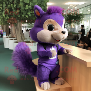 Purple Squirrel mascot costume character dressed with a Polo Shirt and Hair clips