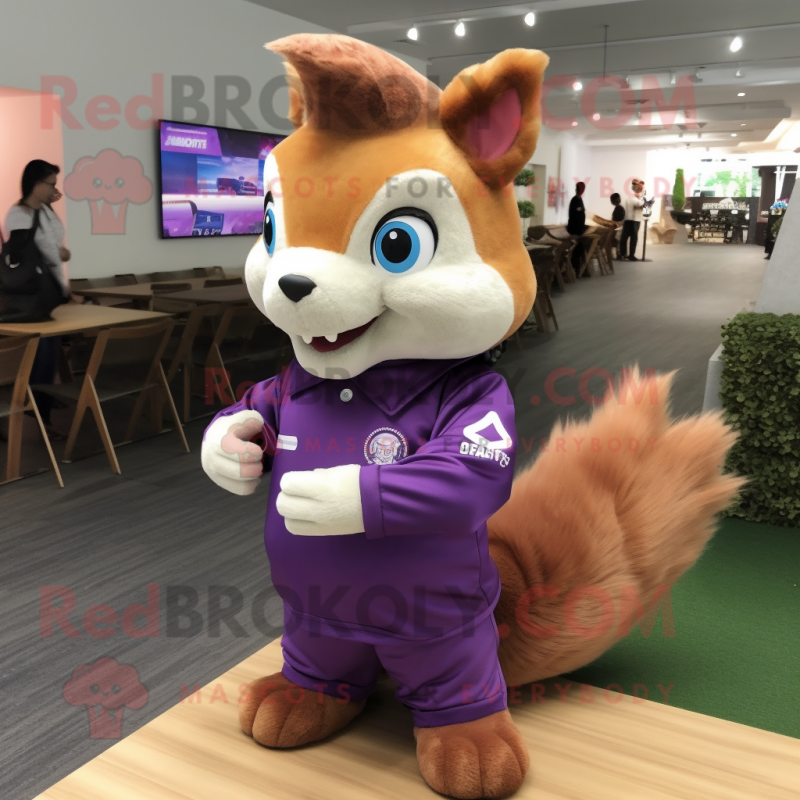 Purple Squirrel mascot costume character dressed with a Polo Shirt and Hair clips Purple Squirrel mascot costume character dressed with a Polo Shirt and Hair clips