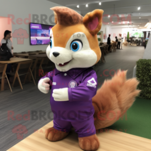 Purple Squirrel mascot costume character dressed with a Polo Shirt and Hair clips