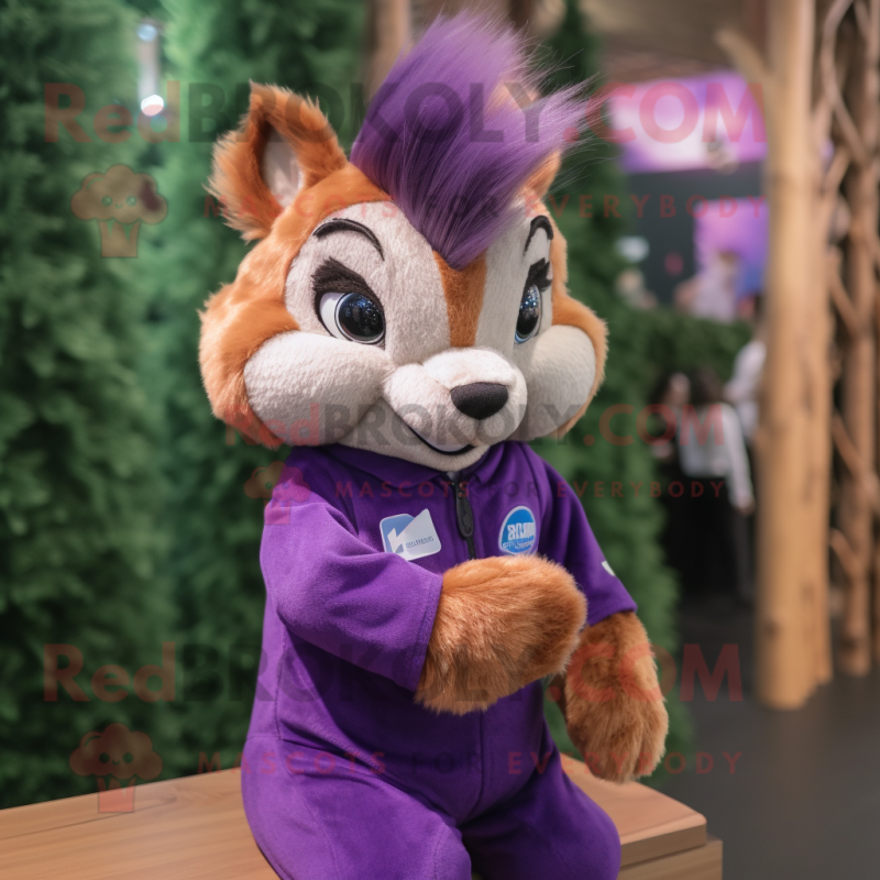 Purple Squirrel mascot costume character dressed with a Polo Shirt and Hair clips