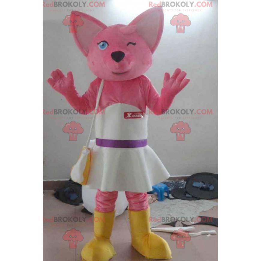 Mascotte de chat rose avec une robe blanche - Redbrokoly.com