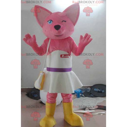 Pink kat maskot med en hvid kjole - Redbrokoly.com