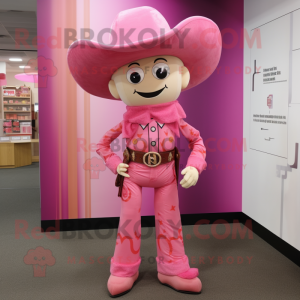 Pink Cowboy mascot costume character dressed with a Romper and Hat pins