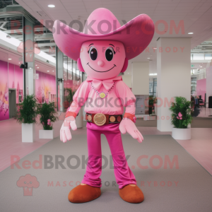 Pink Cowboy mascot costume character dressed with a Romper and Hat pins