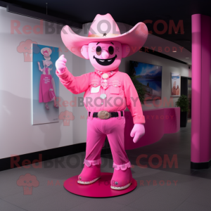 Pink Cowboy mascot costume character dressed with a Romper and Hat pins