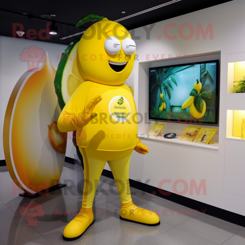 Lemon Yellow Mango mascot costume character dressed with a Rash Guard and Cufflinks