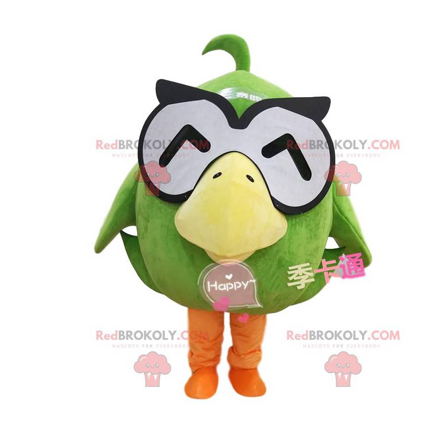 Mascotte de gros canard vert avec des lunettes, costume