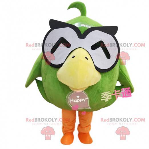 Big green duck mascot with glasses, bird costume -