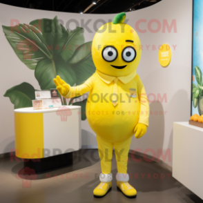 Lemon Yellow Mango mascot costume character dressed with a Rash Guard and Cufflinks