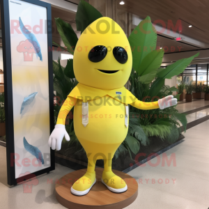 Lemon Yellow Mango mascot costume character dressed with a Rash Guard and Cufflinks