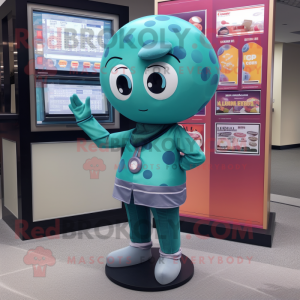 Teal Gumball Machine mascot costume character dressed with a Leggings and Scarves