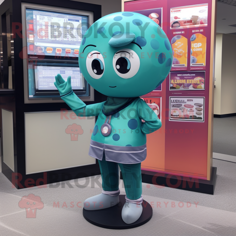 Teal Gumball Machine mascot costume character dressed with a Leggings and Scarves Teal Gumball Machine mascot costume character dressed with a Leggings and Scarves