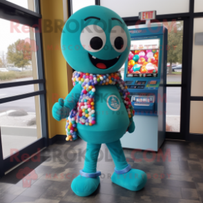 Teal Gumball Machine mascot costume character dressed with a Leggings and Scarves