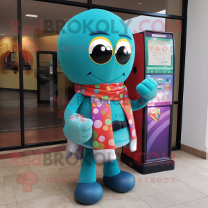 Teal Gumball Machine mascot costume character dressed with a Leggings and Scarves