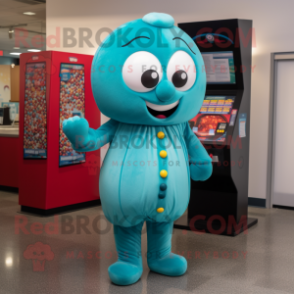 Teal Gumball Machine mascot costume character dressed with a Leggings and Scarves