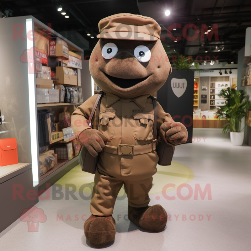 Brown Army Soldier mascot costume character dressed with a Running Shorts and Wallets Brown Army Soldier mascot costume character dressed with a Running Shorts and Wallets