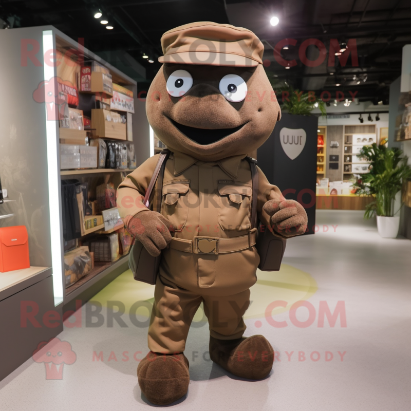 Brown Army Soldier mascot costume character dressed with a Running Shorts and Wallets