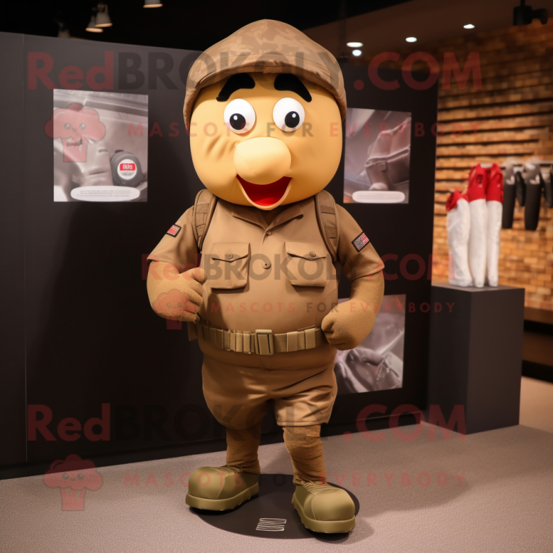 Brown Army Soldier mascot costume character dressed with a Running Shorts and Wallets