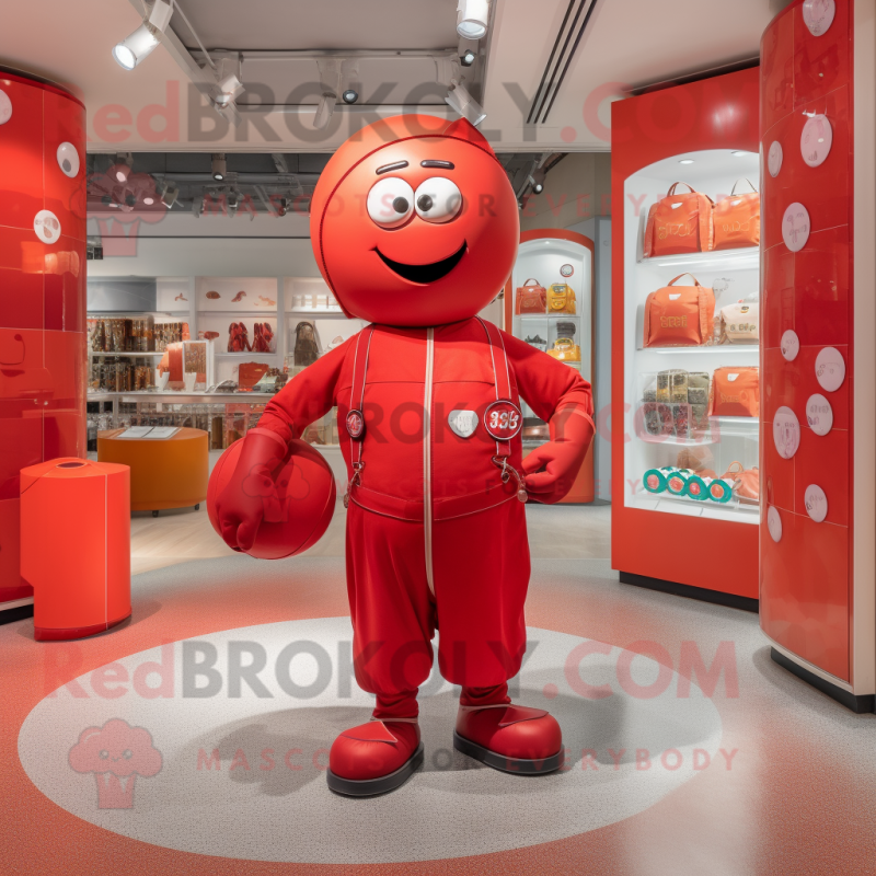 Red Human Cannon Ball mascot costume character dressed with a Romper and Handbags