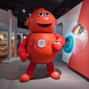 Red Human Cannon Ball mascot costume character dressed with a Romper and Handbags