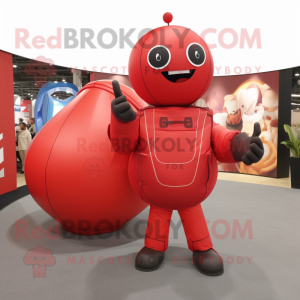 Red Human Cannon Ball mascot costume character dressed with a Romper and Handbags