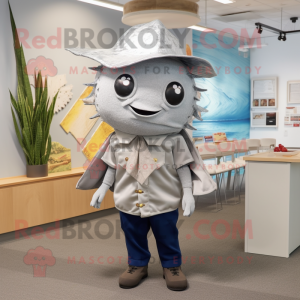 Silver Fish Tacos mascot costume character dressed with a Romper and Hat pins