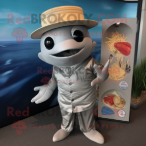 Silver Fish Tacos mascot costume character dressed with a Romper and Hat pins