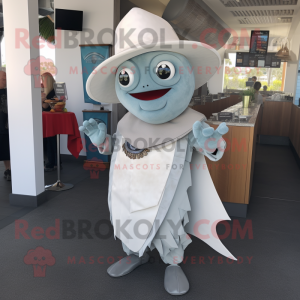 Silver Fish Tacos mascot costume character dressed with a Romper and Hat pins