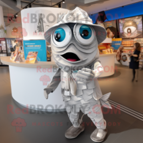 Silver Fish Tacos mascot costume character dressed with a Romper and Hat pins