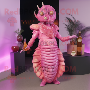 Pink Trilobite mascot costume character dressed with a Cocktail Dress and Keychains