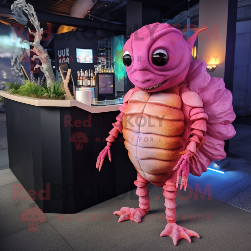 Pink Trilobite mascot costume character dressed with a Cocktail Dress and Keychains