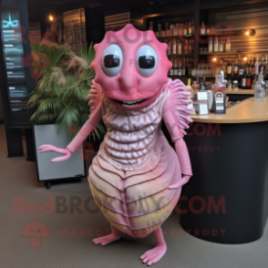 Pink Trilobite mascot costume character dressed with a Cocktail Dress and Keychains