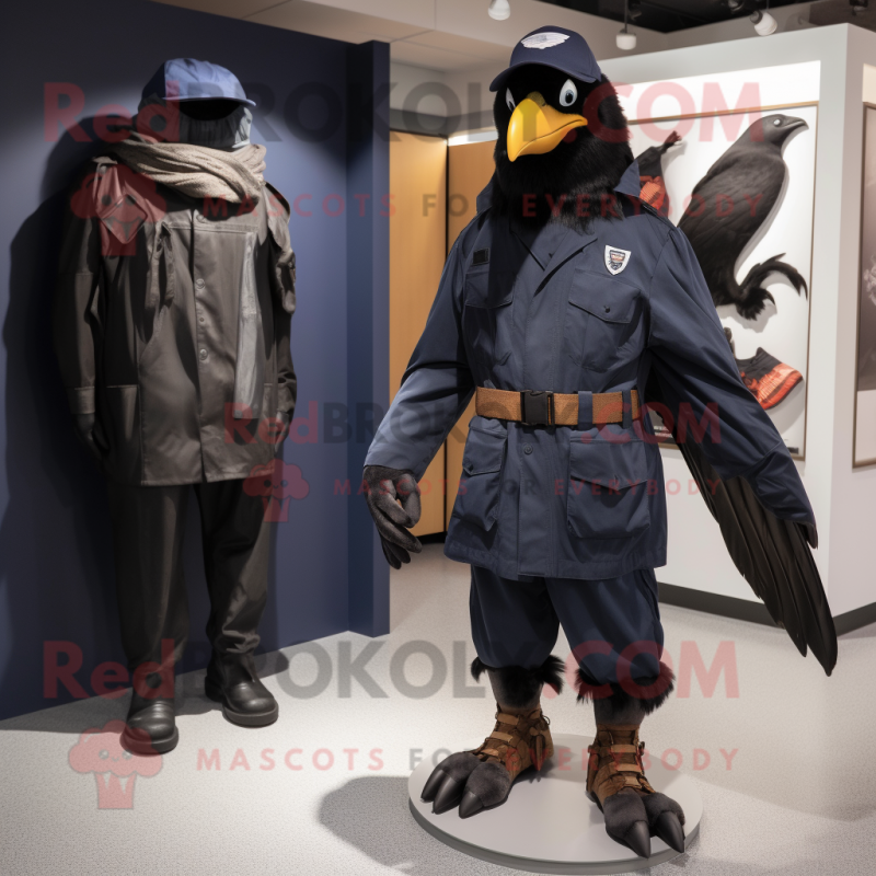 Navy Crow mascot costume character dressed with a Parka and Watches Navy Crow mascot costume character dressed with a Parka and Watches