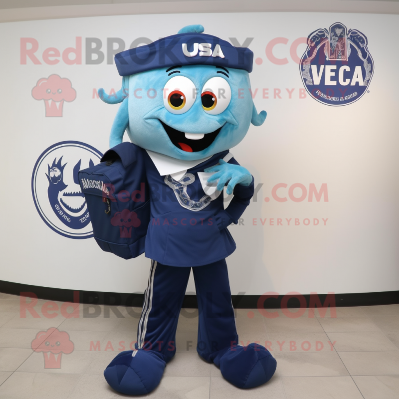 Navy Medusa mascot costume character dressed with a V-Neck Tee and Backpacks Navy Medusa mascot costume character dressed with a V-Neck Tee and Backpacks
