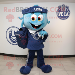 Navy Medusa mascot costume character dressed with a V-Neck Tee and Backpacks