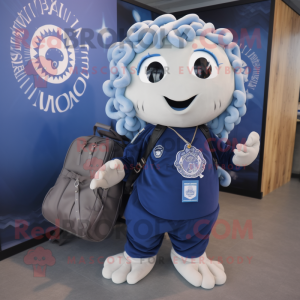 Navy Medusa mascot costume character dressed with a V-Neck Tee and Backpacks