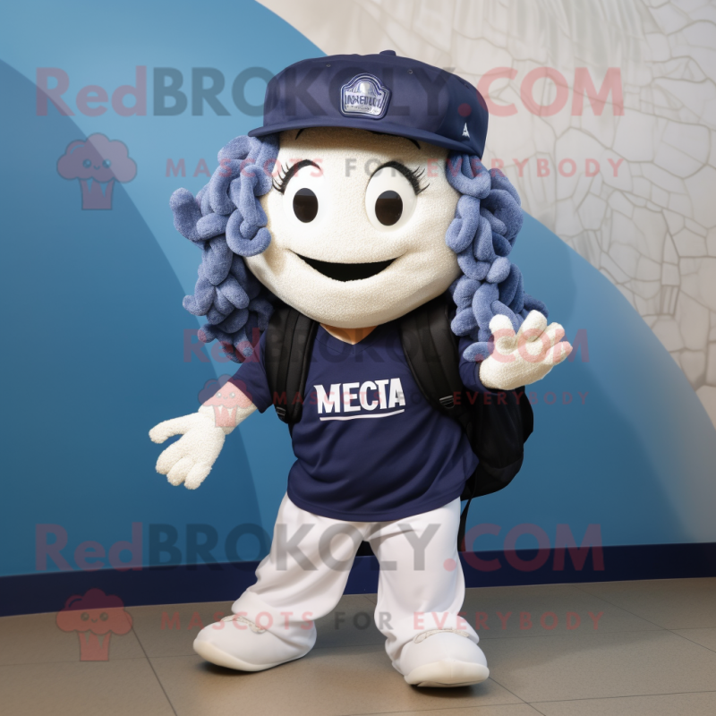 Navy Medusa mascot costume character dressed with a V-Neck Tee and Backpacks